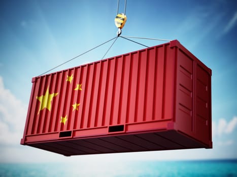 Cargo container with flag of China against blue sky. 3D illustration.