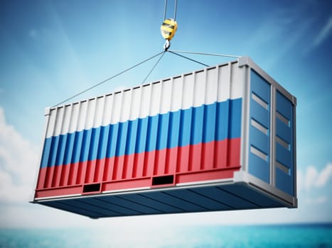 Cargo container with flag of Russia against blue sky. 3D illustration.