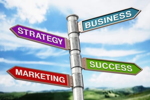 Business, strategy and success signboard against blue sky. 3D illustration.