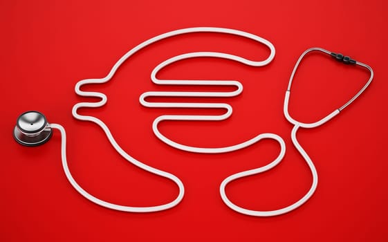 Stethoscope cord forming shape of Euro symbol. 3D illustration.