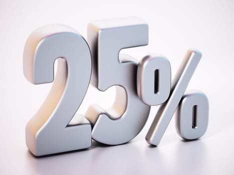 25 percent word standing on white surface with soft reflection. 3D illustration.