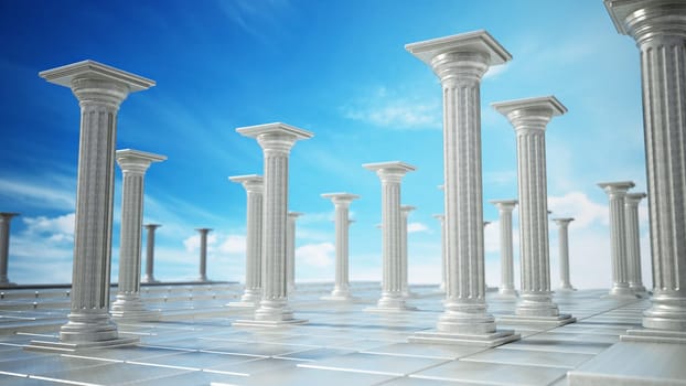Ancient ruins of Greek pillars against blue sky. 3D illustration.