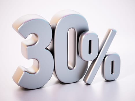 30 percent word standing on white surface with soft reflection. 3D illustration.
