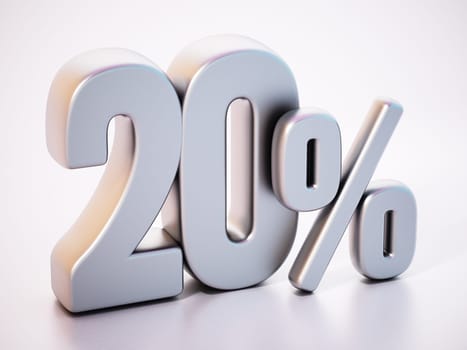 20 percent word standing on white surface with soft reflection. 3D illustration.