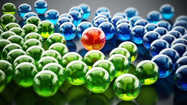 Red shiny sphere standing out among green and blue spheres. 3D illustration.