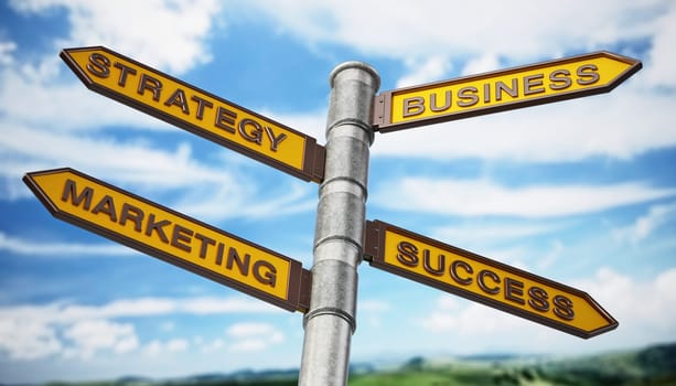 Business, strategy and success signboard against blue sky. 3D illustration.
