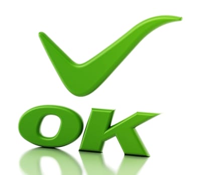 Ok word and tick sign isolated on white background. 3D illustration.