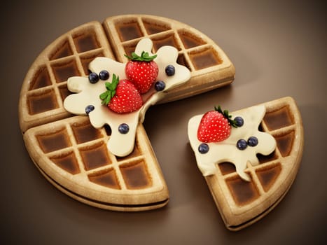 Belgian waffle with white chocolate sauce and berries. 3D illustration.
