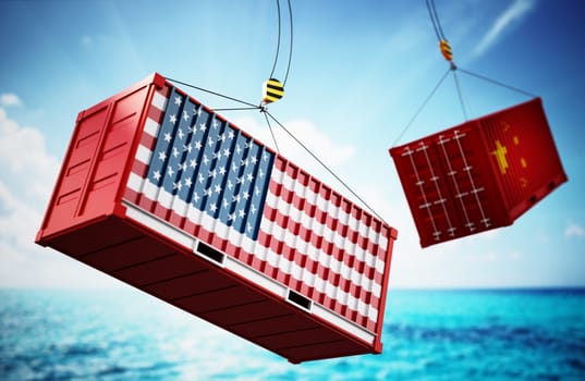 Trade wars concept with American and Chinese flag textured cargo containers clashing. 3D illustration.