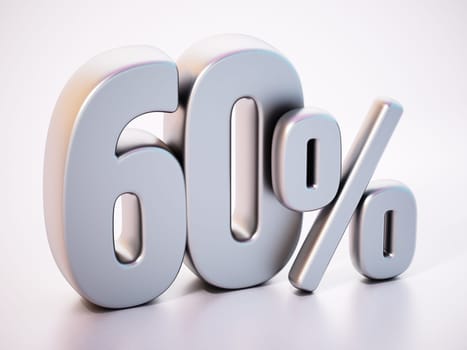 60 percent word standing on white surface with soft reflection. 3D illustration.