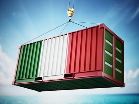 Cargo container with flag of Italy against blue sky. 3D illustration.