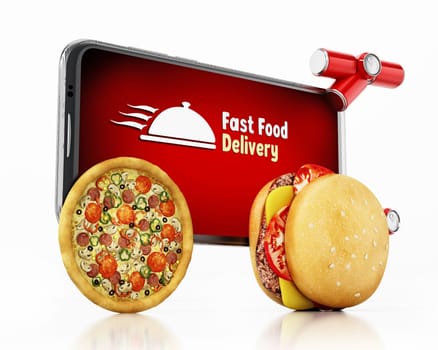 Hamburger and pizza mounted smartphone with fast food delivery text. 3D illustration.