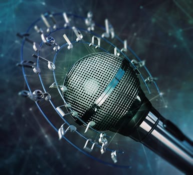 Musical notes and symbols around the microphone. 3D illustration.