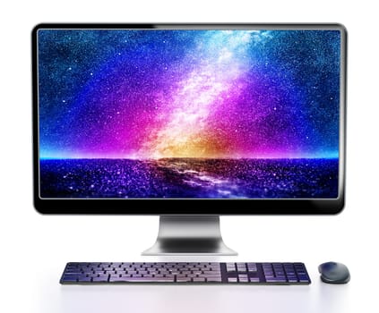 Modern desktop computer with vivid wallpaper. 3D illustration.