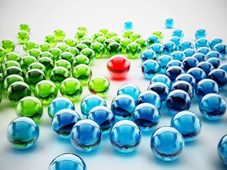 Red shiny sphere standing out among green and blue spheres. 3D illustration.