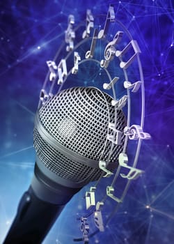 Musical notes and symbols around the microphone. 3D illustration.