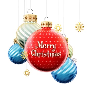 Christmas baubles with merry christmas text. 3D illustration.
