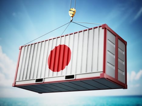 Cargo container with flag of Japan against blue sky. 3D illustration.