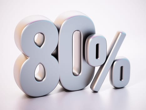 80 percent word standing on white surface with soft reflection. 3D illustration.
