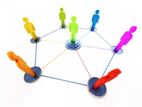 Connected people with a stand out figure at the center. 3D illustration.
