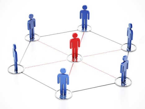 Connected people with a stand out figure at the center. 3D illustration.