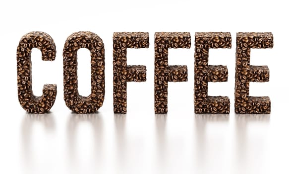 Coffee word consisting of roasted coffee beans. 3D illustration.
