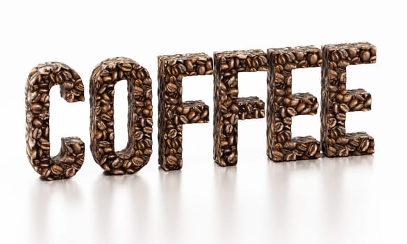 Coffee word consisting of roasted coffee beans. 3D illustration.