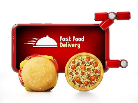Hamburger and pizza mounted smartphone with fast food delivery text. 3D illustration.