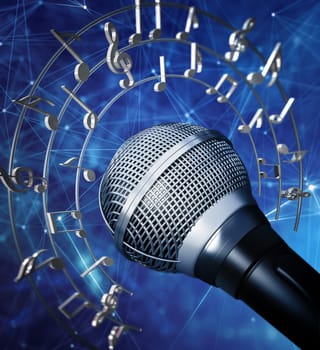 Musical notes and symbols around the microphone. 3D illustration.