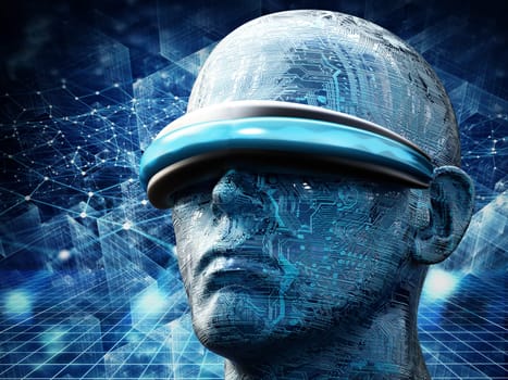 Head wearing virtual reality glasses against cyber technology background. 3D illustration.