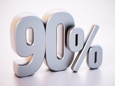 90 percent word standing on white surface with soft reflection. 3D illustration.