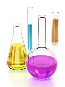 Laboratory tubes with colorful liquids isolated on white background. 3D illustration.