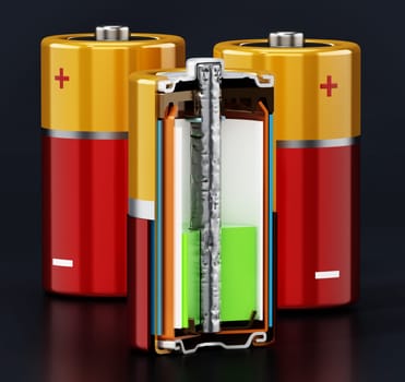 Image showing cross-section of an alcaline battery. 3D illustration.