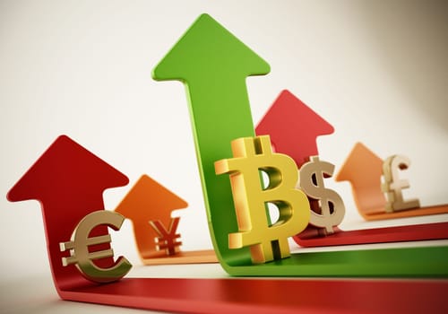 Bitcoin, dollar, euro, yen and pound symbols on rising arrows