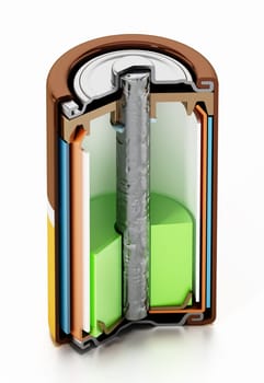 Image showing cross-section of an alcaline battery. 3D illustration.