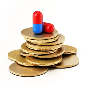 Pill standing on generic coin pile. 3D illustration.