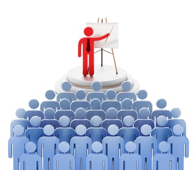 Public speaker red figure surrounded with blue figures giving a speech.