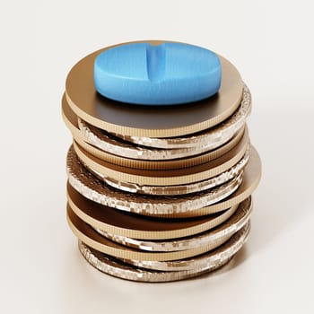 Pill standing on generic coin pile. 3D illustration.