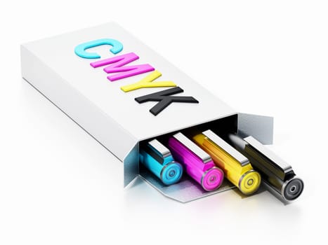 CMYK color pens inside white box. 3D illustration.