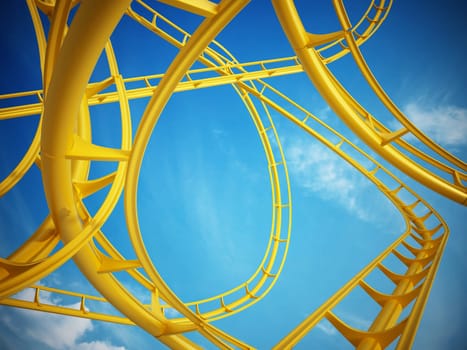 Curvy roller coaster rails in the sky. 3D illustration.