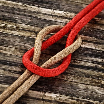 Tied ropes standing on wooden background. 3D illustration.