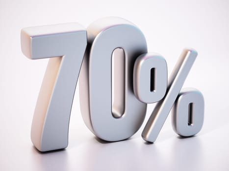 70 percent word standing on white surface with soft reflection. 3D illustration.
