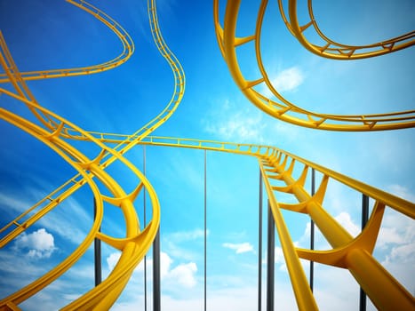 Curvy roller coaster rails in the sky. 3D illustration.
