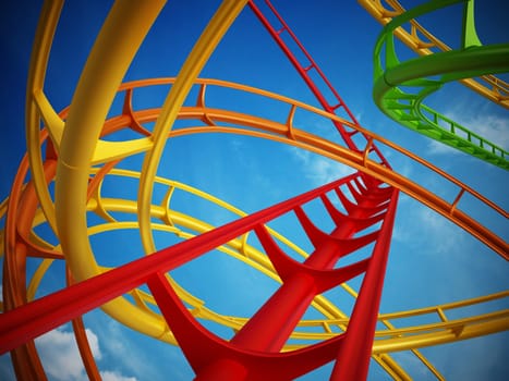 Curvy roller coaster rails in the sky. 3D illustration.
