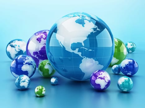 Stack of shiny globes isolated on blue background. 3D illustration.