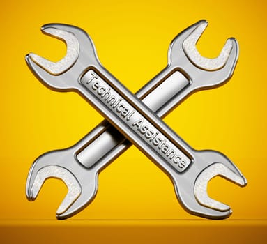 Technical assistance wrenches isolated on yellow background. 3D illustration.
