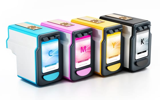 Generic inkjet printer CMYK cartridges isolated on white background. 3D illustration.