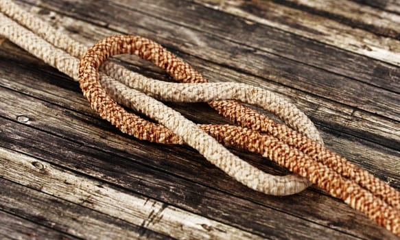 Tied ropes standing on wooden background. 3D illustration.