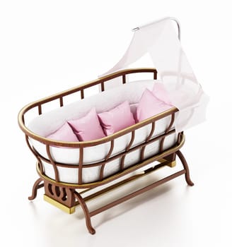 Classic style baby crib isolated on white background. 3D illustration.