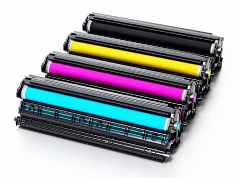 Stack of laser printer CMYK toners. 3D illustration.